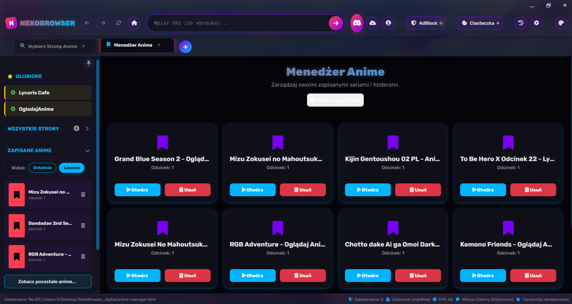 Menedżer zapisanych anime w NekoBrowser